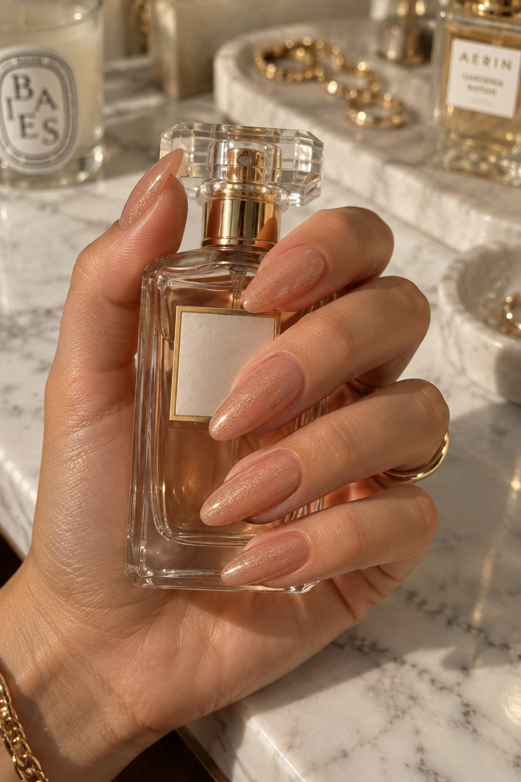 Warm nude gold shimmer almond nails