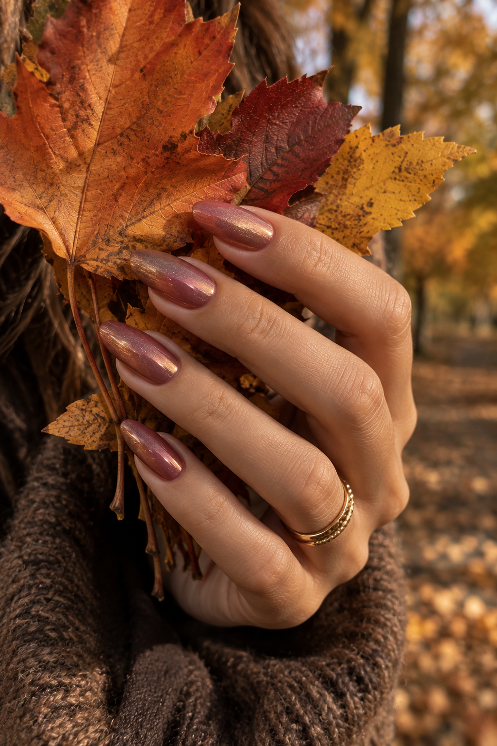 Dusty rose bronze shimmer almond nails